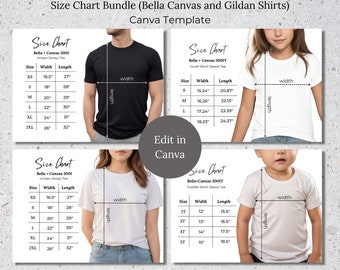 Editable Shirt Size Chart Bundle Canva Template, Bella Canvas 3001 and Gildan Size Chart, Printify Size Chart Template, Youth Toddler Charts