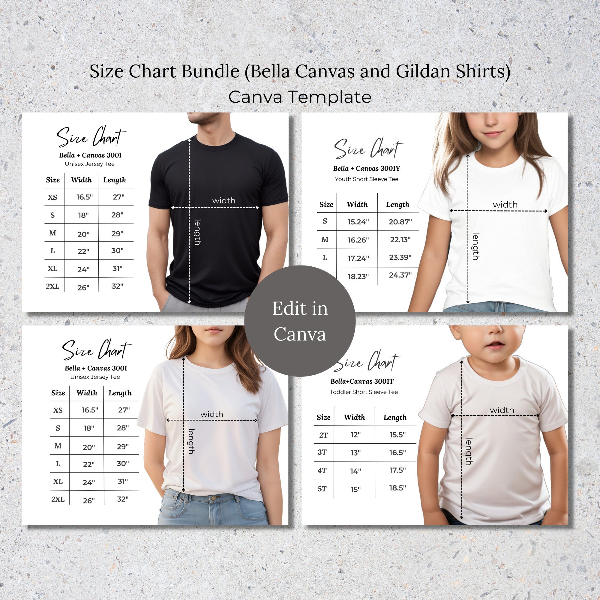 Editable Shirt Size Chart Bundle Canva Template, Bella Canvas 3001 and ...