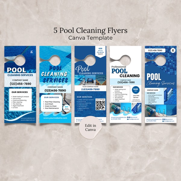 Pool Cleaning Services Flyer Bundle Canva Template, Editable Swimming Pool Service Door Hanger Pool Business Template Pool Maintenance Flyer