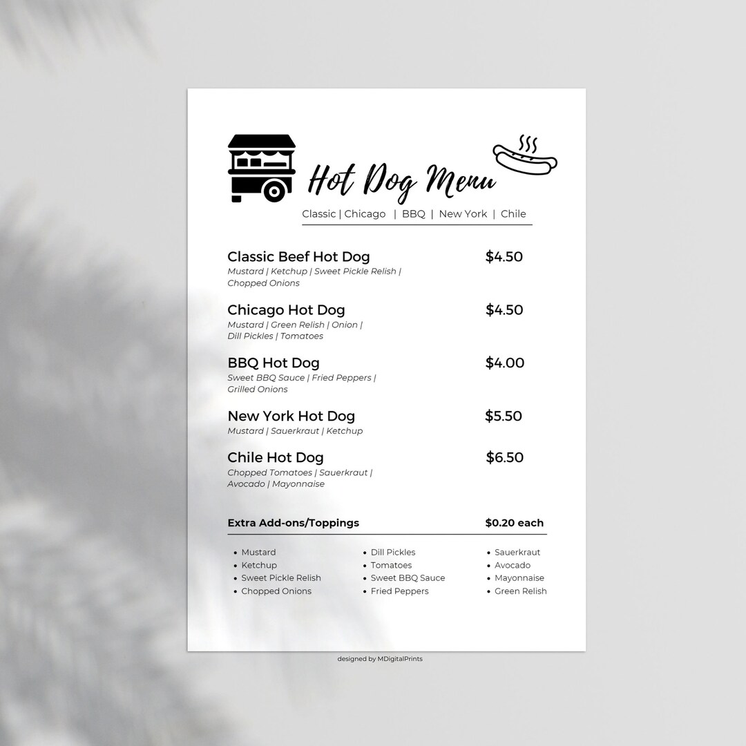 Hot Dog Menu Sign Canva Template, Hot Dog Cart Menu Editable Print, Hot