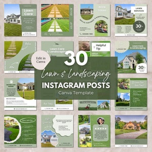 Puede incluir: Un collage de 30 plantillas de publicaciones de Instagram para empresas de cuidado de césped y paisajismo. Las plantillas presentan esquemas de colores verde y blanco con imágenes de céspedes bien cuidados, casas y herramientas de paisajismo. El texto en las plantillas incluye frases como "Cuidado del césped", "Paisajismo", "Reservar hoy" y "Consejo útil".