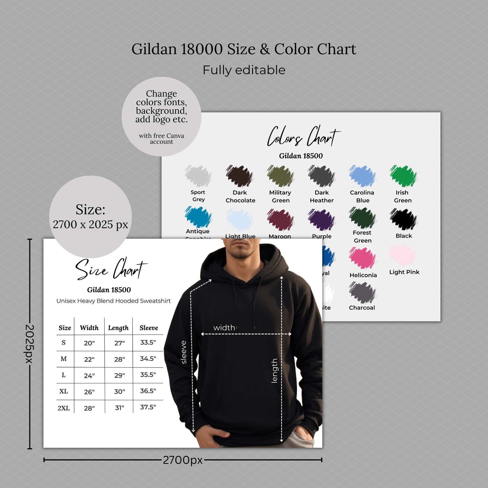 Editable Size Color Chart Canva Template, Man Hoodie Gildan 18500 Size