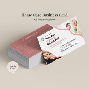 Cartão de visita para cuidador Canva Template Cartão de visita para cuidadores de idosos rosa, cartão de visita editável para cuidados domiciliares Cartão de serviço para cuidados para idosos