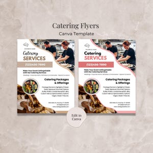 Szablon ulotki cateringowej Canva, edytowalne szablony biznesowe cateringowe, szablony biznesowe usług cateringowych, ulotka marketingowa cateringu na imprezy