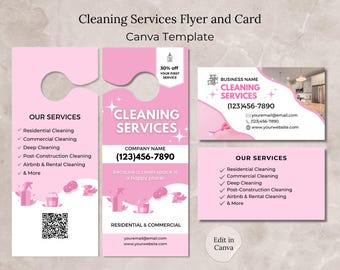 Cleaning Service Flyer Card Canva Template Editable Cleaning Flyer Door Hanger Cleaning Service Business Card  Pink Cleaning Business Card