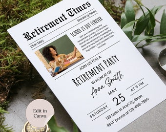 Teacher Retirement Invitation Canva Template Editable School Teacher Newspaper Invite Principal Retirement Party Evite Card School  is Out
