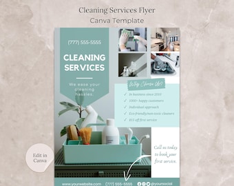 May include: A green and white flyer advertising cleaning services. The flyer features a photo of a cleaning caddy with cleaning supplies, a photo of a kitchen sink, and a photo of a person cleaning a stovetop. The flyer includes the text "Cleaning Services Flyer", "We ease your cleaning hassles", "Why Choose Us?", "In business since 2010", "1000+ happy customers", "Individual approach", "Eco-friendly/non-toxic cleaners", "$15 off first service", "Call us today to book your first service", "www.yourwebsite.com", "(777) 555-5555", and "@yoursocial".