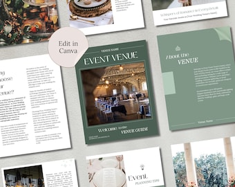 May include: A green and white wedding venue guide with the text "Event Venue" and "Welcome to the Venue Guide". The guide includes images of a wedding venue, tables, chairs, and a light fixture.