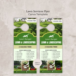 Modelo de panfleto para pendurar porta de serviços de paisagismo e gramado Canva, panfleto para serviços de negócios de corte de grama, panfleto para jardim, panfleto para negócios de paisagismo