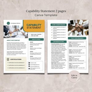 May include: A two-page capability statement template for a business. The template includes sections for about the company, core competencies, differentiators, past performance, certifications, and NAICS codes. The template is designed to be used with Canva.