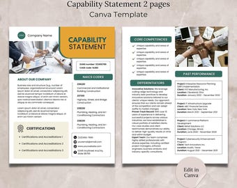 Capability Statement Canva Template Bearbeitbares Capability Statement Dokument Statement für die Gestaltung von Regierungsprojekten