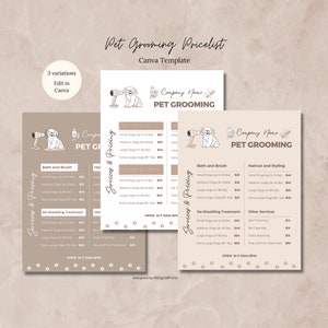 Modelo Canva de lista de preços de cuidados com animais de estimação, lista de preços editável para tratadores de animais de estimação, lista de preços de serviços de cuidados com animais de estimação, serviços e preços para animais de estimação