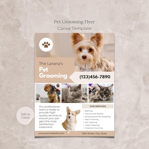 Ulotka Canva dla firmy Pet Grooming, edytowalna ulotka dla firmy Pet Groomer, szablon marketingowy usług opieki nad psami, ulotka promocyjna Pet Groomer
