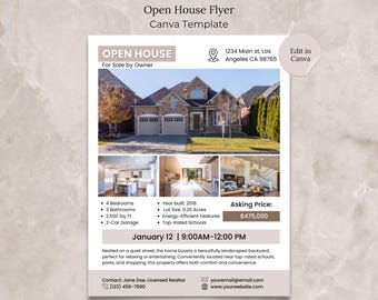 May include: Open house flyer for a 4 bedroom, 3 bathroom home with a 2-car garage. The home is located at 1234 Main st, Los Angeles CA 98765. The asking price is $475,000. The open house is scheduled for January 12 from 9:00 AM to 12:00 PM. Contact Jane Doe, Licensed Realtor at (123) 456-7890 or youremail@email.com.