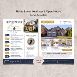 May include: A Home Buyer Roadmap and Open House Canva template featuring two flyers. The left flyer outlines a seven-step home buying process. The right flyer displays property photos, listing details, an asking price of $475,000, and event info.