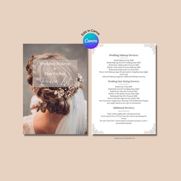 Wedding Hair Price Sheet Etsy