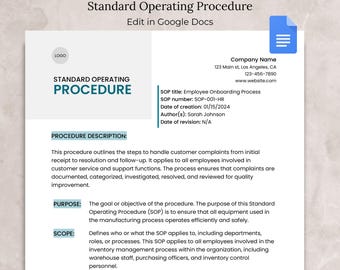 Standard Operating Procedure Template Docs, Editable SOP Document, Business Standard Operating Procedure Project Template SOP Instructions