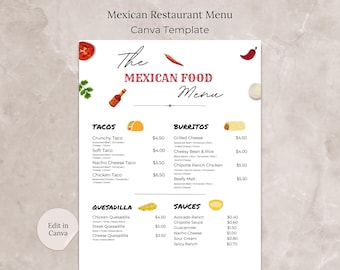 Mexican Food Menu Canva Template, Editable Menu for Mexican Restaurant, Minimalist Tacos Menu Template, US Letter Size Menu Price List