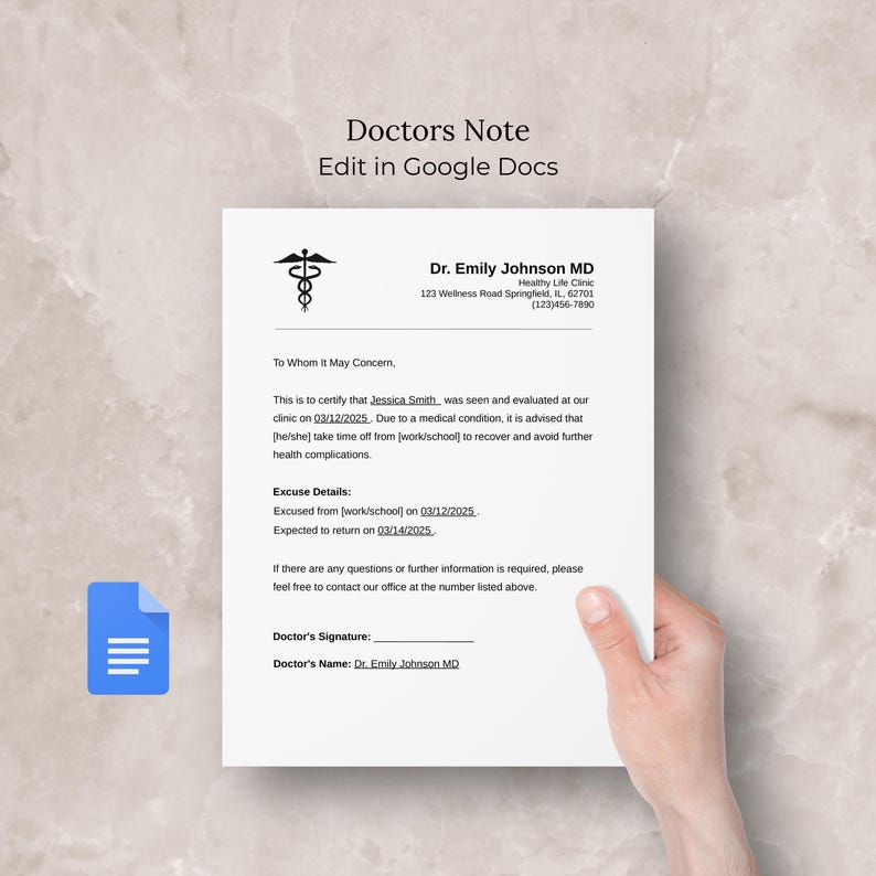 Doctors Excuse Note Google Docs Template, Editable Doctor Excuse for ...