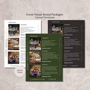 Könnte beinhalten: Ein grüner und schwarzer Flyer mit dem Text "Event Venue Rental Packages" und "Canva Template". Der Flyer listet verschiedene Event-Mietpakete mit Preisen und Beschreibungen auf. Der Flyer enthält Bilder eines Veranstaltungsortes mit Kronleuchtern und einer Tischdekoration.