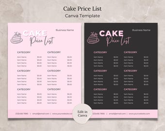 Cake Price List Template Canva Editable Bakery Price List Pink Cake Business Menu, Dessert Price List Menu Bakery Business Cake Pricelist