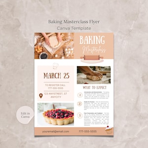 Baking Masterclass Flyer Canva Template, Baking Class Flyers Template, Baking Classes Flyer, Baking Lessons Promotion Flyer, Dessert Making
