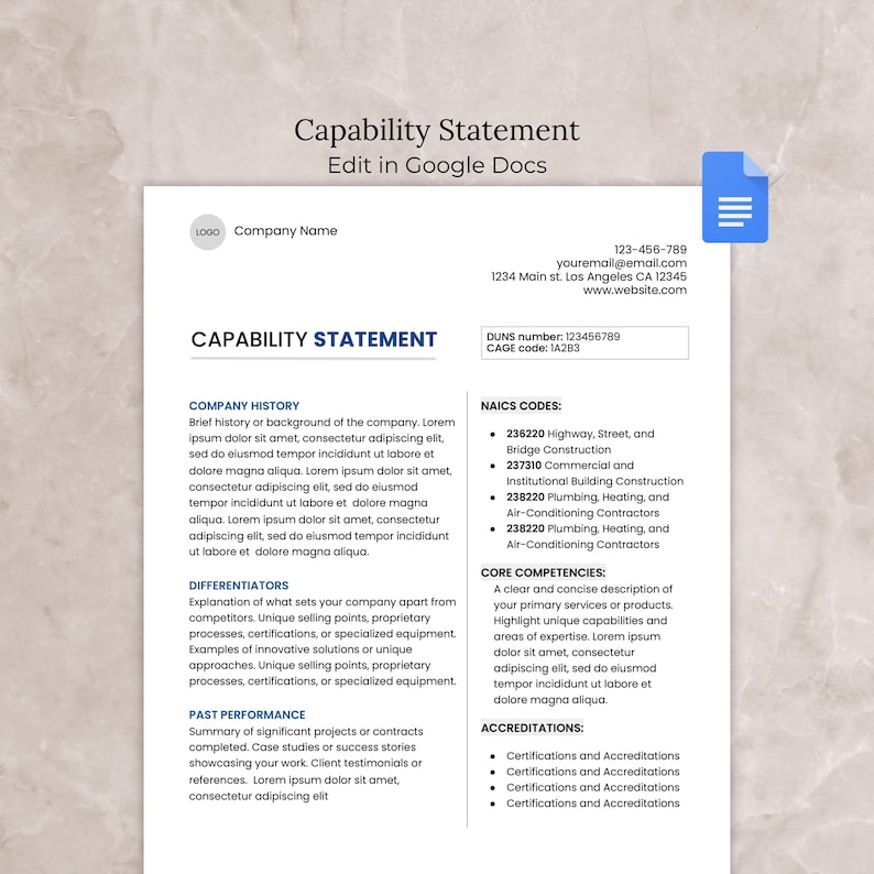 Capability statement template Google Docs