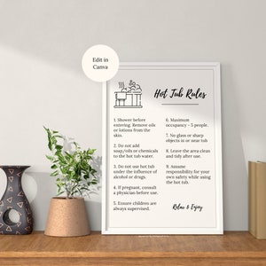 May include: A black and white printable poster with a hot tub icon and text that reads "Hot Tub Rules". The poster lists nine rules for using a hot tub, including showering before entering, not adding soap or chemicals to the water, and ensuring children are supervised. The poster also includes the text "Relax & Enjoy".