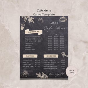 Modelo de menu de cafeteria Canva, modelo editável de quadro-negro de menu de cafeteria, modelo de lista de preços de cafeteria, menu de restaurante para cafeteria