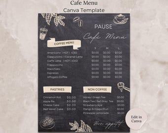 Coffee Shop Menu Canva Template, Cafe Menu Chalkboard Editable Template, Coffee Shop Price List Template, Restaurant Menu for Coffee Shop