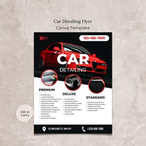 Ulotka o auto detailingu, ulotka firmy auto detailingowej Canva, szablon usług samochodowych, ulotka promocyjna firmy auto woskowanie polerowanie