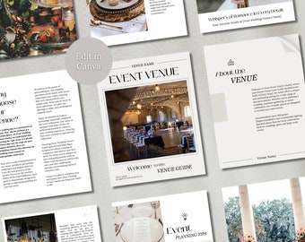 May include: A wedding venue guide with a white background and black text. The guide includes information about the venue, event planning tips, and a welcome to the venue guide. The image also includes a photo of a wedding venue with a high ceiling and large windows.