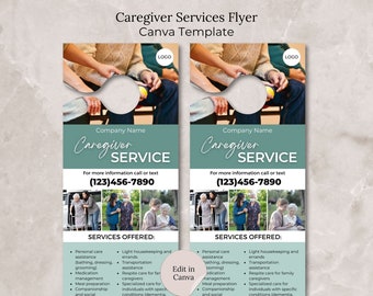 May include: A teal and white door hanger flyer for a caregiver service. The flyer has a photo of two people holding hands. The text on the flyer reads "Caregiver Service" and includes a phone number and email address.