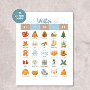 May include: A winter-themed bingo game card with 100 unique cards. The card features a blue and beige color scheme with illustrations of winter items like a snowman, mittens, and ice skates. The word "Winter" is written in cursive.