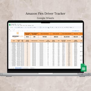 Könnte beinhalten: Ein Laptop zeigt eine Google Sheets-Tabelle mit dem Titel "Amazon Flex Driver Tracker". Die Tabelle zeigt Daten wie Arbeitsstunden und Einnahmen. Ein Google Sheets-Logo ist ebenfalls zu sehen.