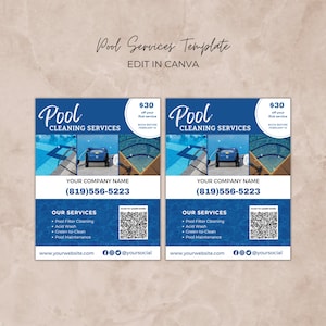 Folheto de serviço de piscina profissional, modelo Canva editável, livreto de marketing, anúncio de empresa de limpeza de piscina, folheto de piscina
