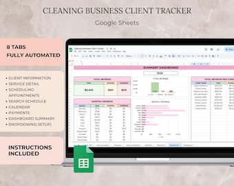 Plantilla de hoja de cálculo de Google para el seguimiento de clientes de empresas de limpieza, seguimiento de citas y pagos de clientes de servicios de limpieza (CRM)