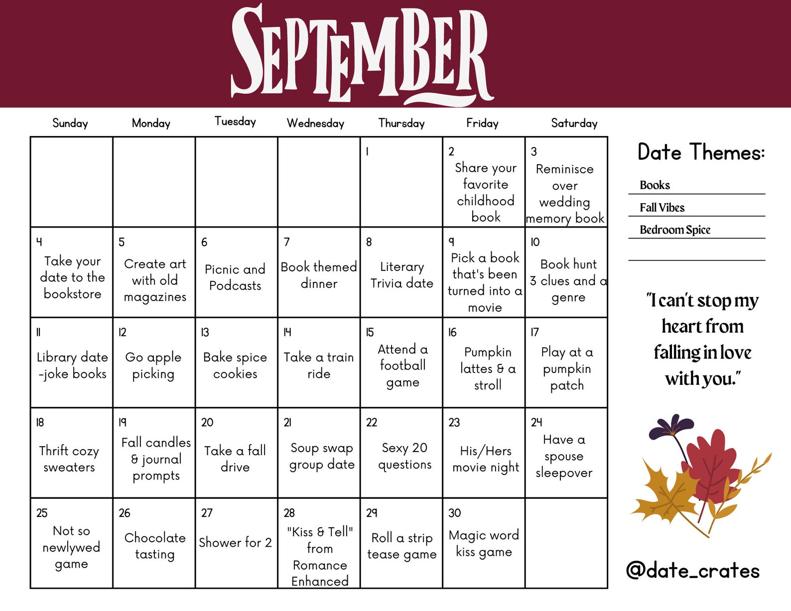 September Date Night Calendar Etsy