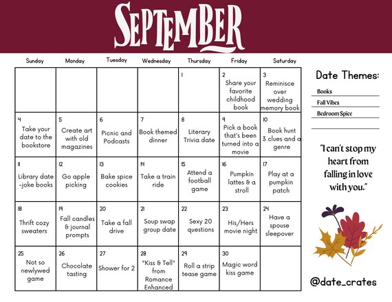 September Date Night Calendar - Etsy