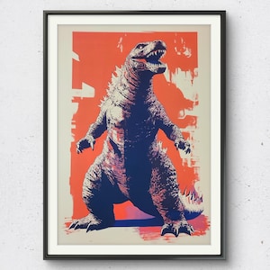 High-Quality Godzilla Art Print – Retro Risograph/Gelli Plate Style – Japanese Kaiju Wall Decor | A3, A4, 13x19&quot; | 210gsm Acid-Free Paper