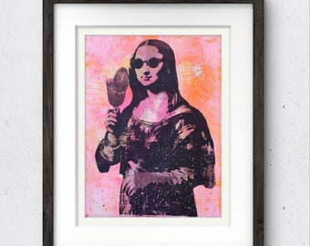 Hand printed Mona Lisa, Pink art, monoprint, Gelli Plate Print,Pop Art,mixed media, gift,birthday, A4 size, acrylic paint.