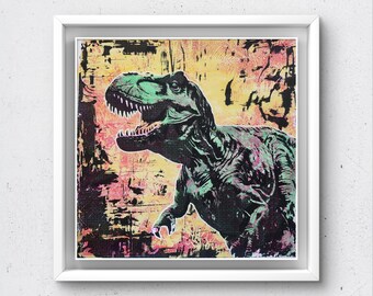 Dinosaur, Gelli Plate Print, jurassic, T-rex ,mixed media, gift, birthday, 8x8", acrylic painting, hand printed, mono print