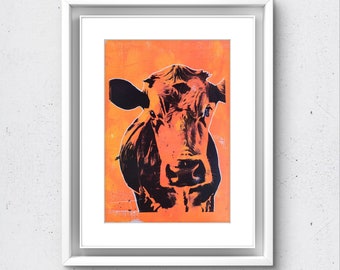 Hand printed cow, monoprint, Gelli Plate Print,Pop Art,mixed media, gift, animal lover, farm art,birthday, A4 size, acrylic paint.