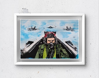 Top gun, Gelli Plate Print,Pop Art, Tom Cruise ,mixed media, gift, birthday, 5x7", acrylic painting, hand printed/embellished