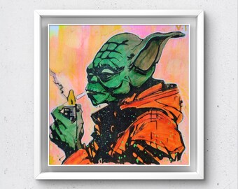 Yoda, Gelli Plate Print,Pop Art, Parody, Starwars ,mixed media, gift, birthday, 5.5x5.5", acrylic painting, hand printed/embellished