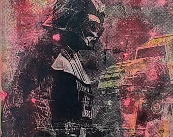 Star wars, Original Gelli Plate Print,Pop Art, Darth vader,mixed media, gift, birthday,A4 size, acrylic painting, hand printed