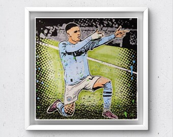 Phil Foden, Gelli Plate Print, Man City, Football,mixed media, gift, birthday, 8x8", acrylic painting, hand printed, mono print