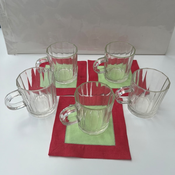 Vintage set of 5 Glass Ribbed Coffee Cups/Teacups/Mugs  marked Bormioli Vitrosax Italy