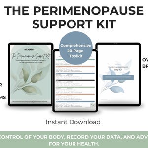 Puede incluir: El Kit de Apoyo a la Perimenopausia, un kit de herramientas digital que se muestra en tres tabletas. Las tabletas presentan textos como "Controla tus síntomas" y "Supera la niebla mental". El kit incluye un kit de herramientas de 20 páginas.