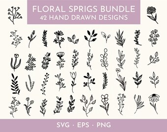 May include: A collection of 42 hand-drawn floral sprigs in black ink on a cream background. The image includes various botanical designs, such as leaves, flowers, and branches. Text at the top reads "FLORAL SPRIGS BUNDLE" and "42 HAND DRAWN DESIGNS".